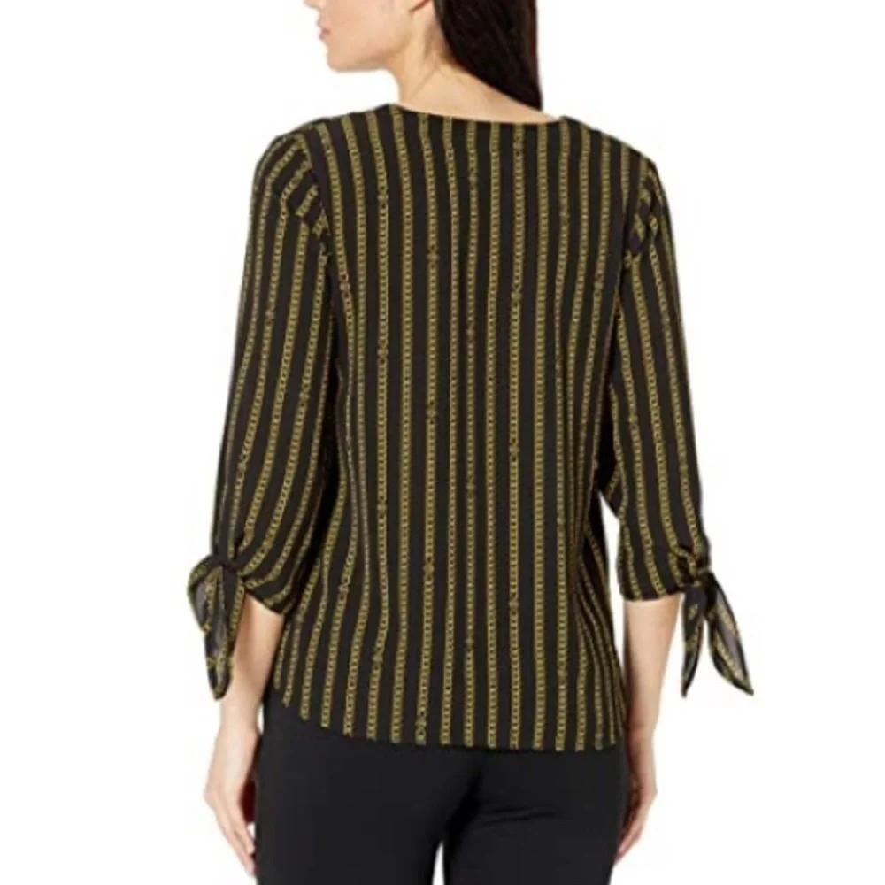 Michael Kors Black Gold Chain Stripe v neck knot blouse small new with tags